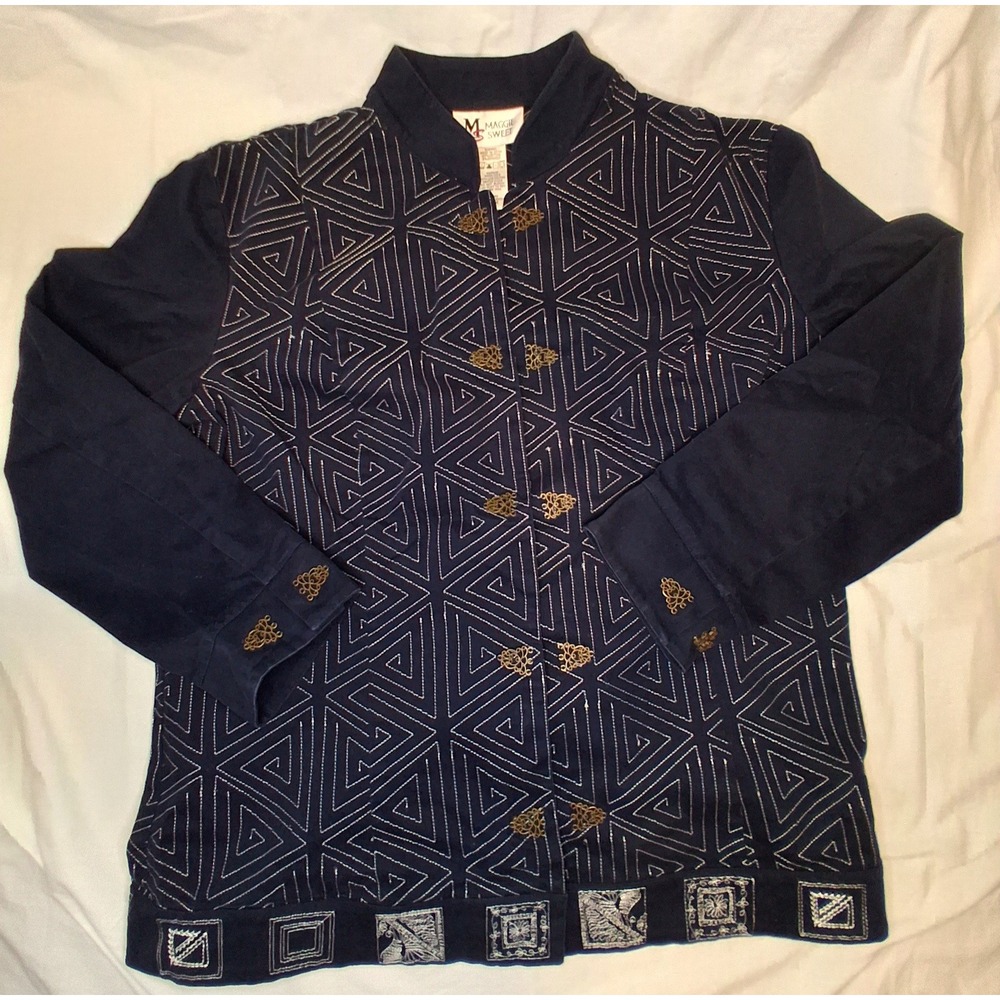 Maggie Sweet Navy Blue Embroidered Geometric Boho Utility Jacket Mandarin Large
